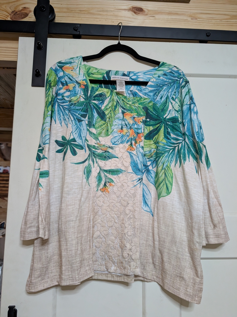 Alfred Dunner Cream Top with Green & Blue Tropical Leaf Print Size 1x